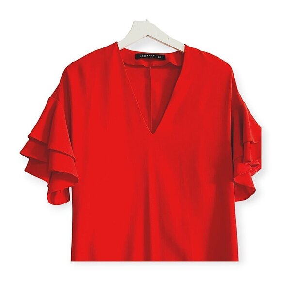 ZARA Red Shift Dress with Ruffle Sleeves Size XS - Picture 5 of 10